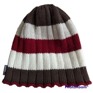 Margot Beanie Brown White Red Wool Blend Winter Cold Weather Hat Scalloped Edge